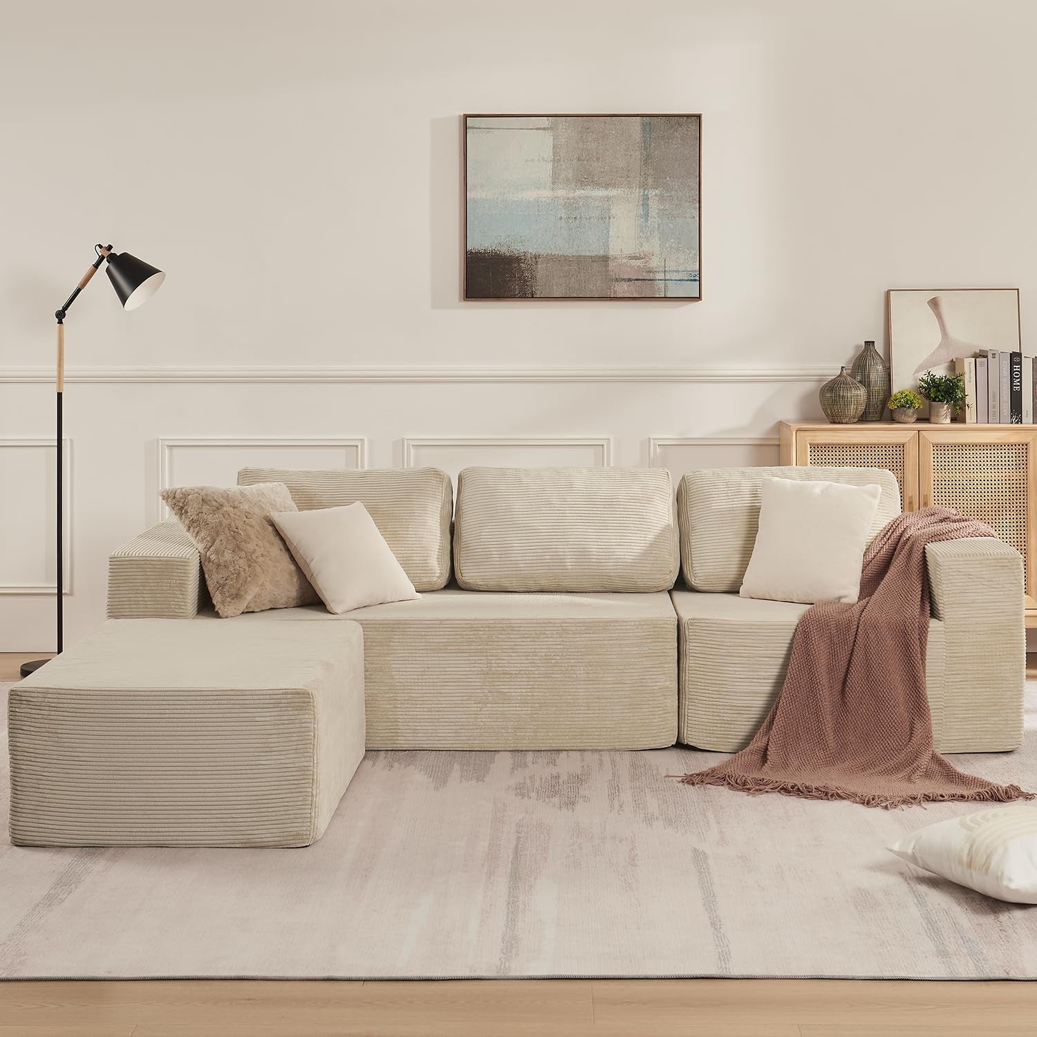 Canapé d'angle modulable Cloud – Tissu côtelé beige