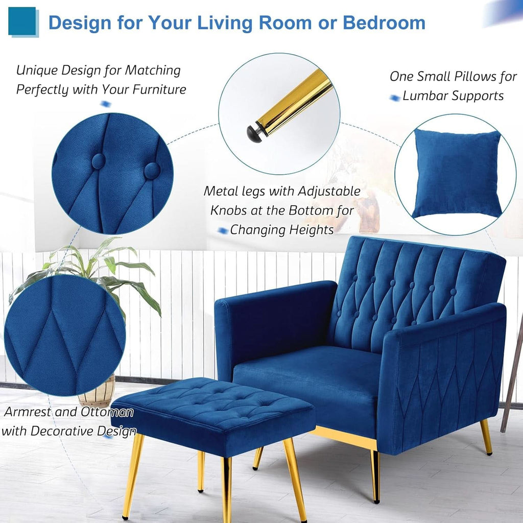 Ensemble canapé convertible et fauteuil touffeté – Velours bleu