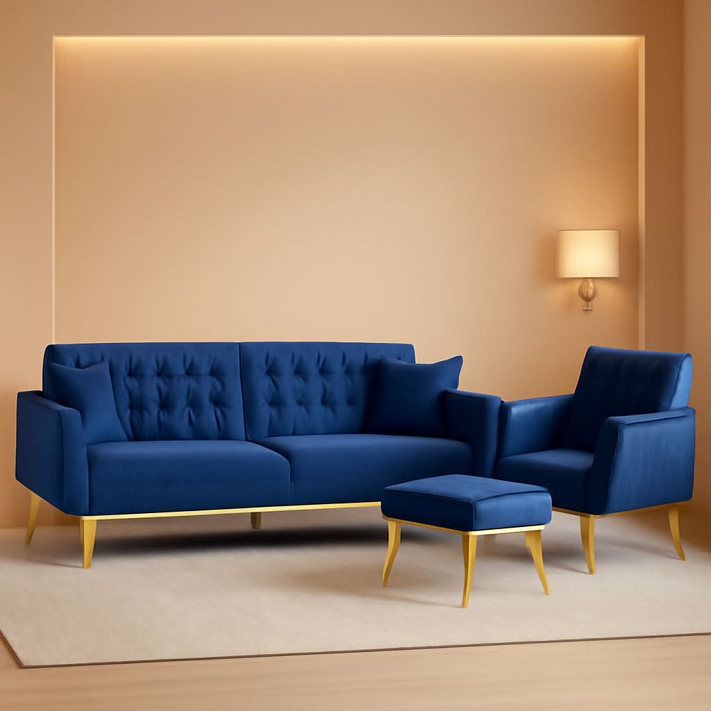 Ensemble canapé convertible et fauteuil touffeté – Velours bleu