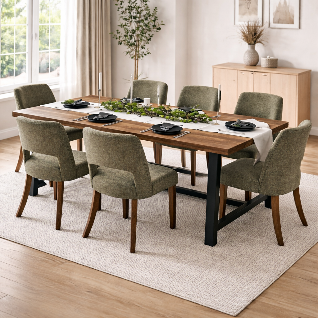 Table à manger en bois naturel avec 6 chaises rembourrées