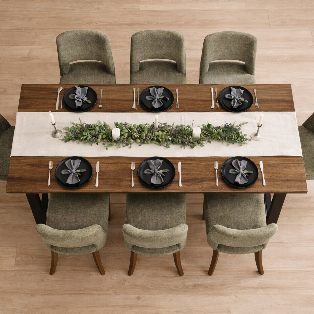 Table à manger en bois naturel avec 6 chaises rembourrées