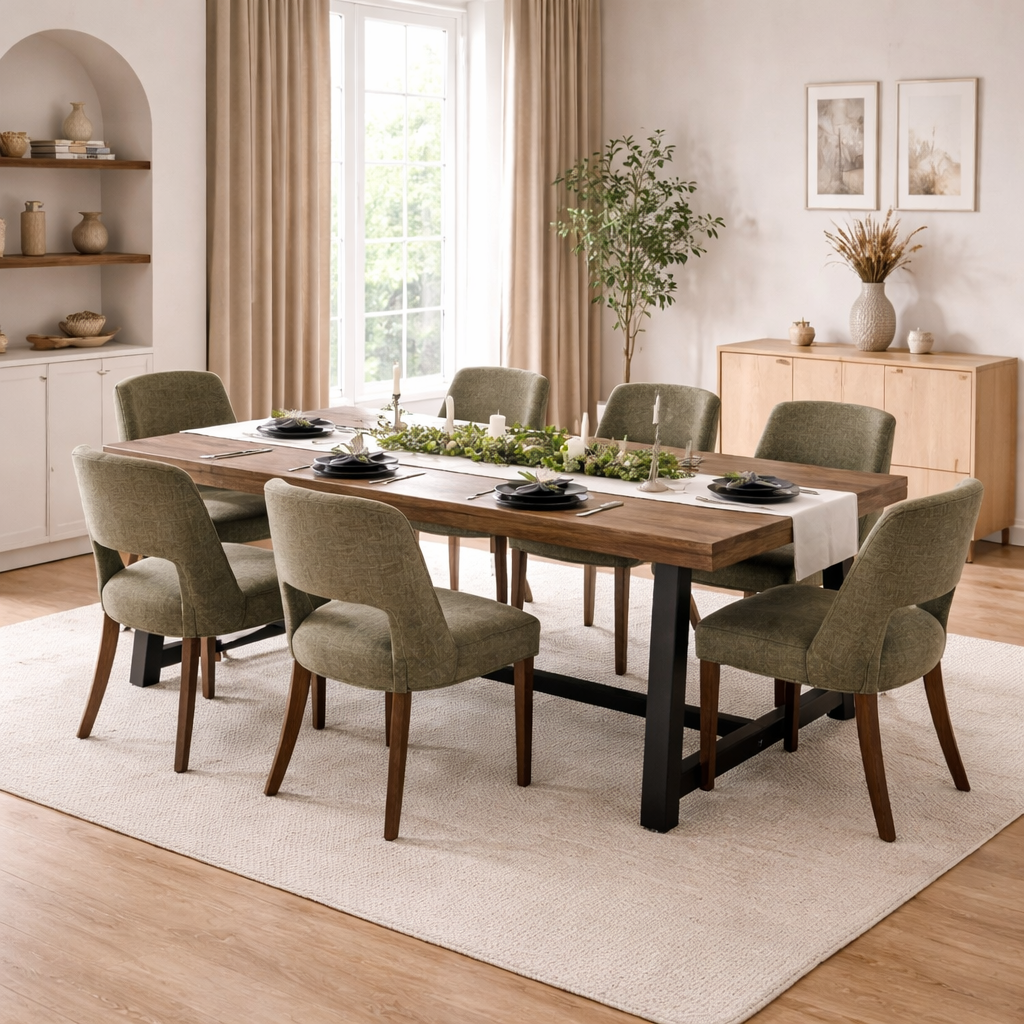 Table à manger en bois naturel avec 6 chaises rembourrées