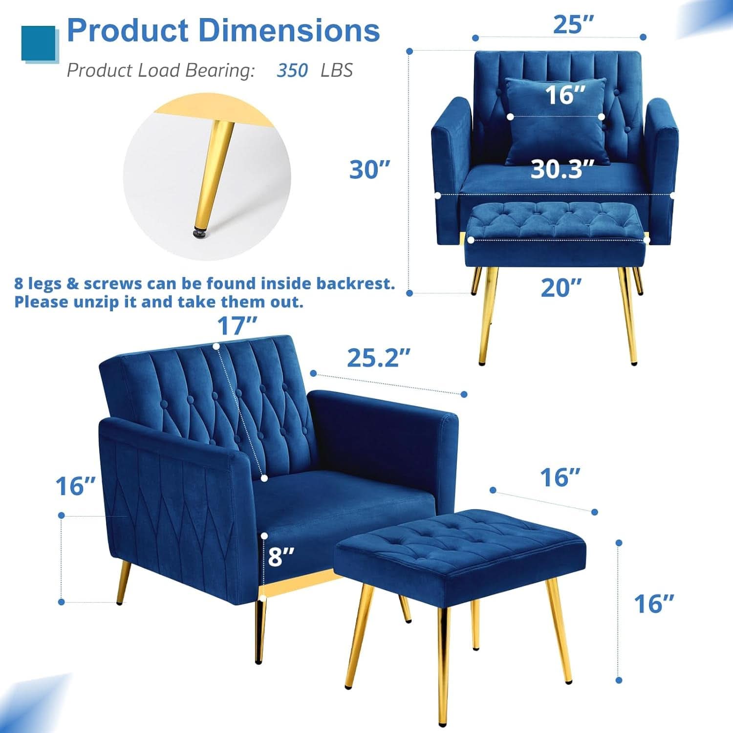 Ensemble canapé convertible et fauteuil touffeté – Velours bleu