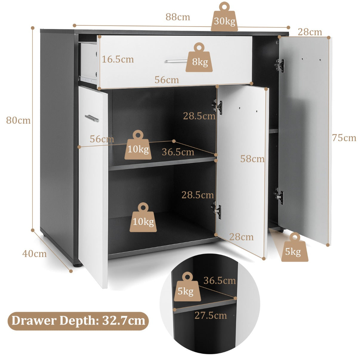 Buffet enfilade moderne 3 portes avec étagère réglable