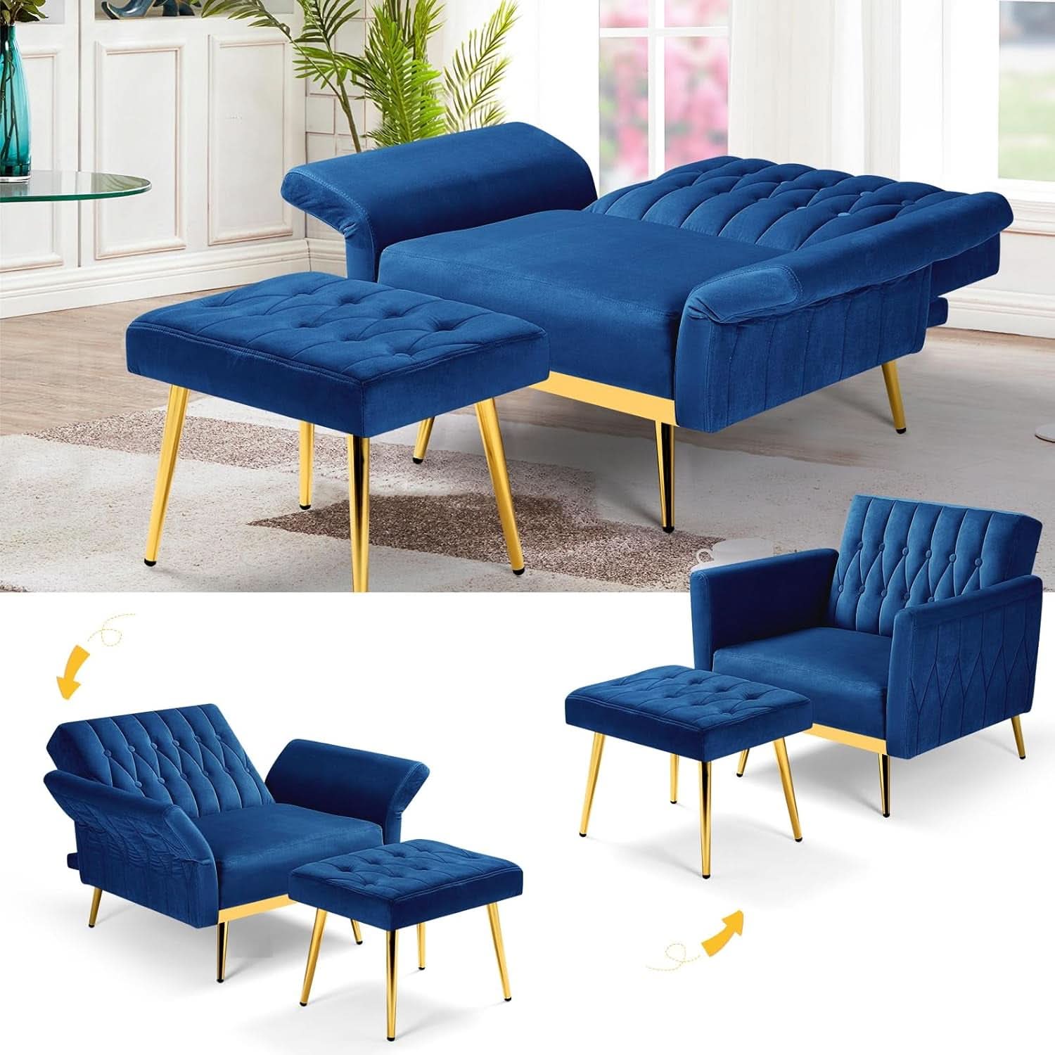 Ensemble canapé convertible et fauteuil touffeté – Velours bleu